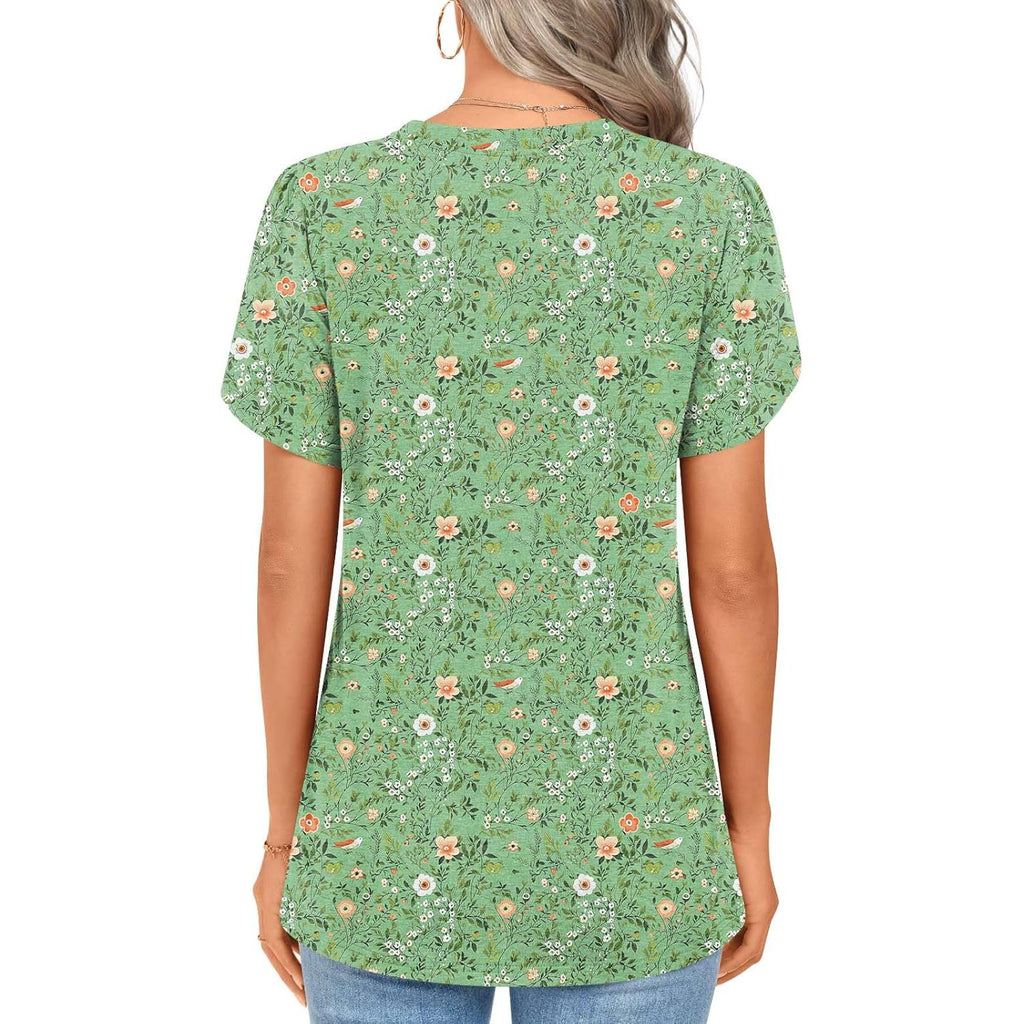 Women's Pleated Front Tunic Top Onion Green Floral