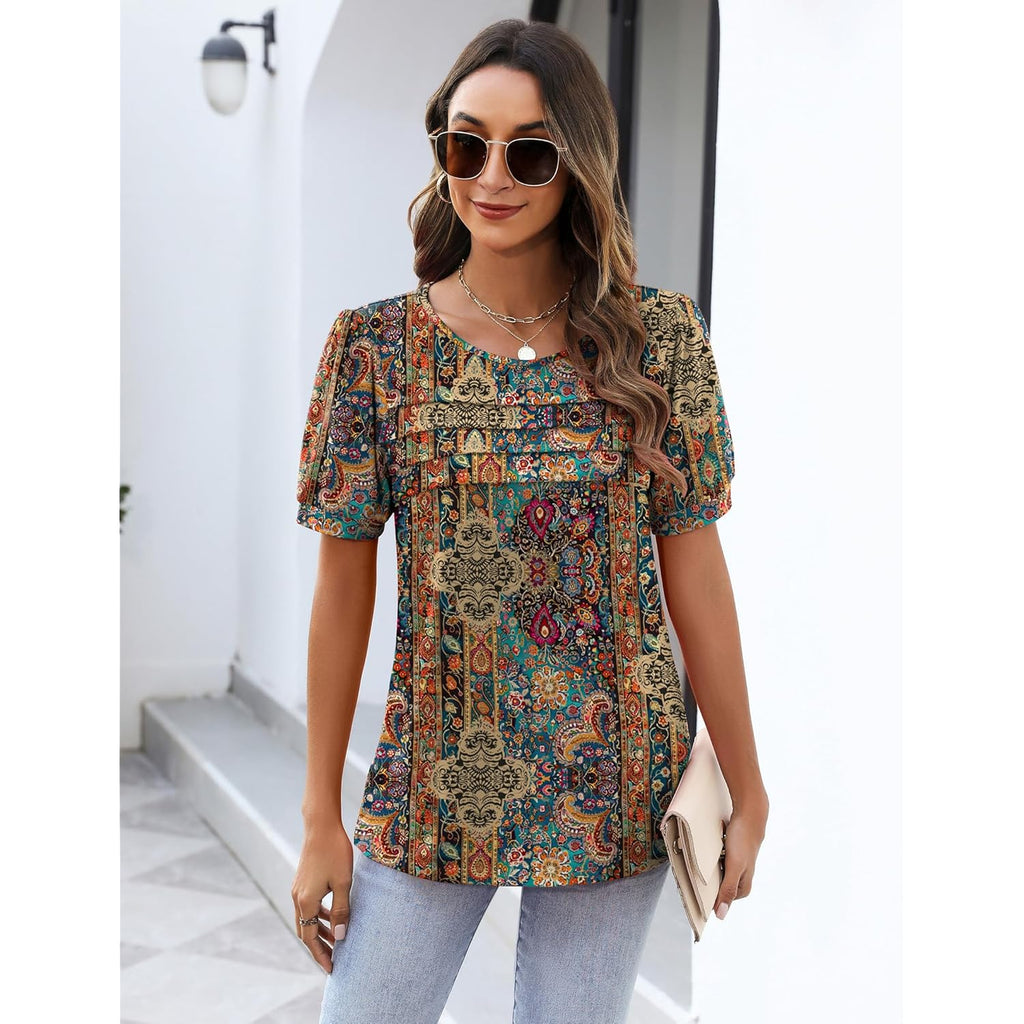 Women's Floral Puff Sleeve Tunic Top Boho Multicolor