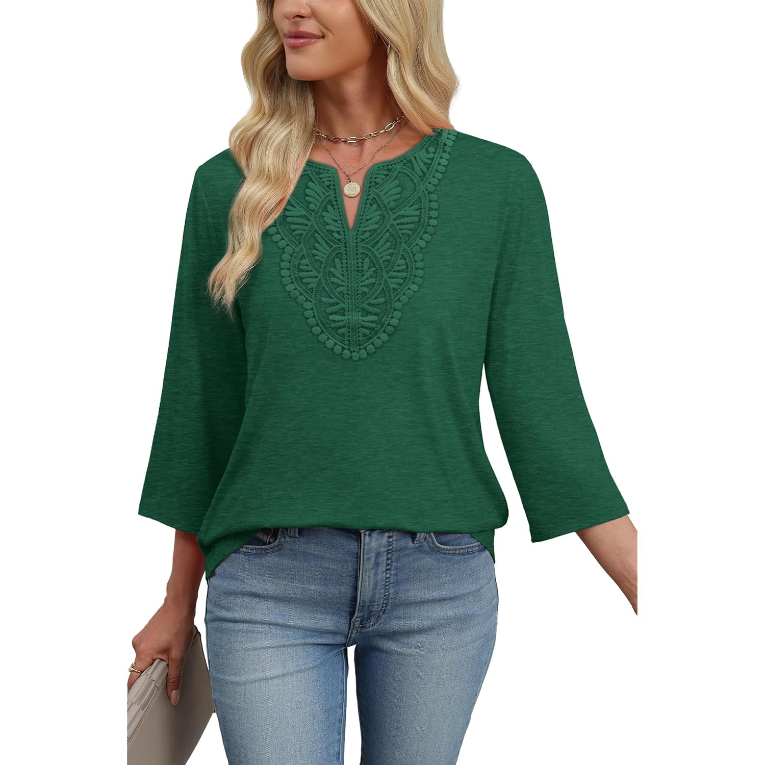 Women's Boho Lace V-Neck Tunic Top Light/Dark Green