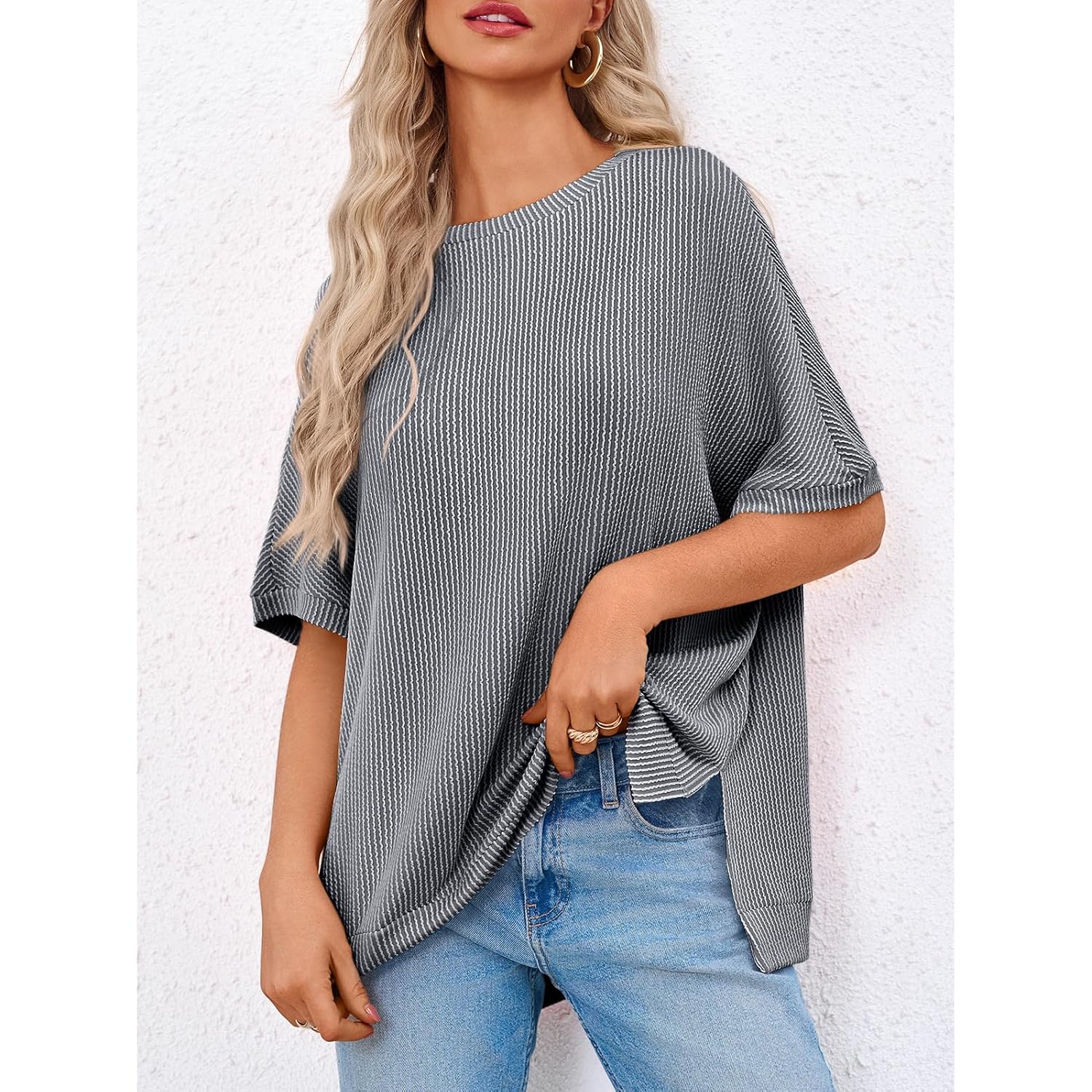 Women's Ribbed Batwing Tunic Top Grey