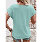 Dokotoo Womens Summer Tops 2026 Waffle Knit Lace Hollow Out Short Sleeve T-Shirts Crewneck Casual Loose Basic Tee Blouses