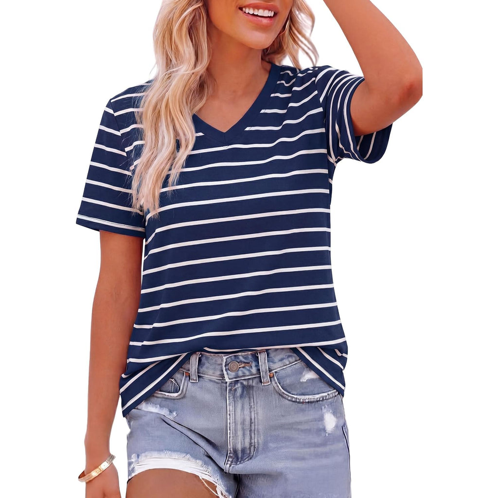 PRETTYGARDEN Short Sleeve Shirts for Women 2026 Spring V Neck Cute Tops Casual Striped Shirt Knitted Tees Summer Outfits