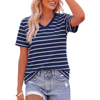 PRETTYGARDEN Short Sleeve Shirts for Women 2026 Spring V Neck Cute Tops Casual Striped Shirt Knitted Tees Summer Outfits