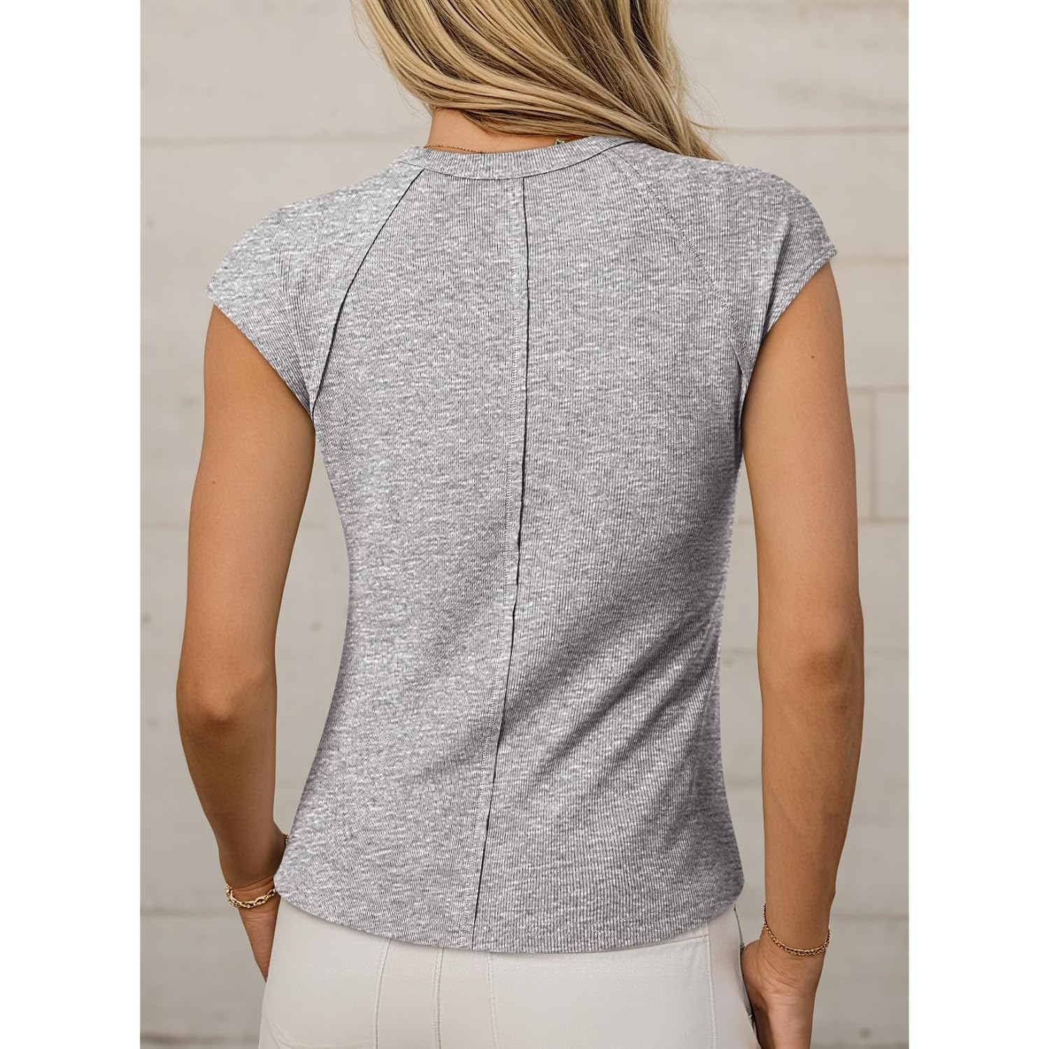 Sidefeel Womens Tops Casual Crewneck Cap Sleeve Tops Ribbed Raw Hem Summer T Shirts Slim Fit Basic Tees Blouses