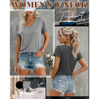 Ficerd 3 Pack Women's V Neck T Shirts, Summer Casual Short Sleeve Tops Loose Fit Rolled Sleeve Tees Trendy Shirts