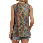 Women's Eyelet V-Neck Tank Top Orange Ethnic Floral