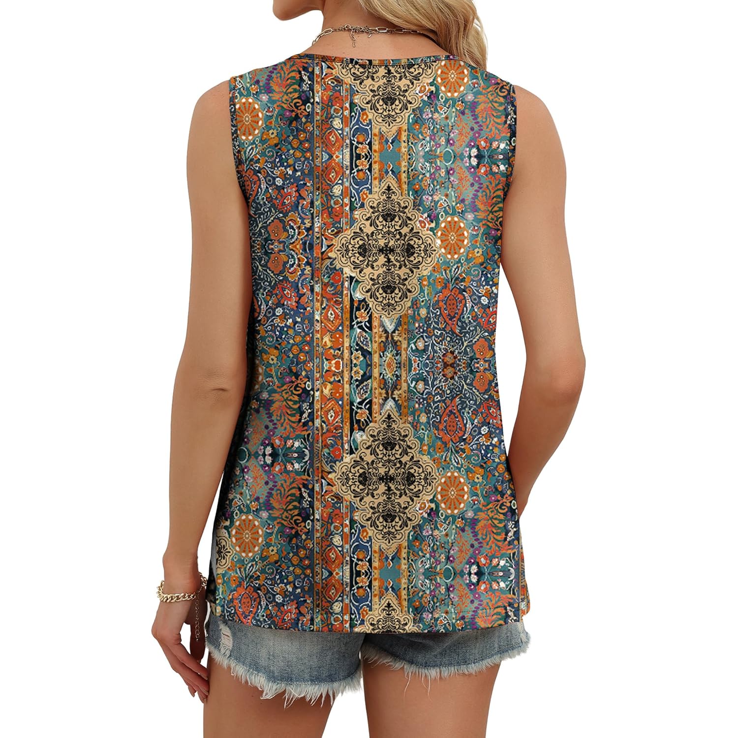 Women's Eyelet V-Neck Tank Top Orange Ethnic Floral