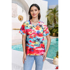 Women Hawaiian Shirt Soft Cool Summer Hawaii Tshirts Floral Tropic Print V Neck Short Sleeve Beach Tee Tops