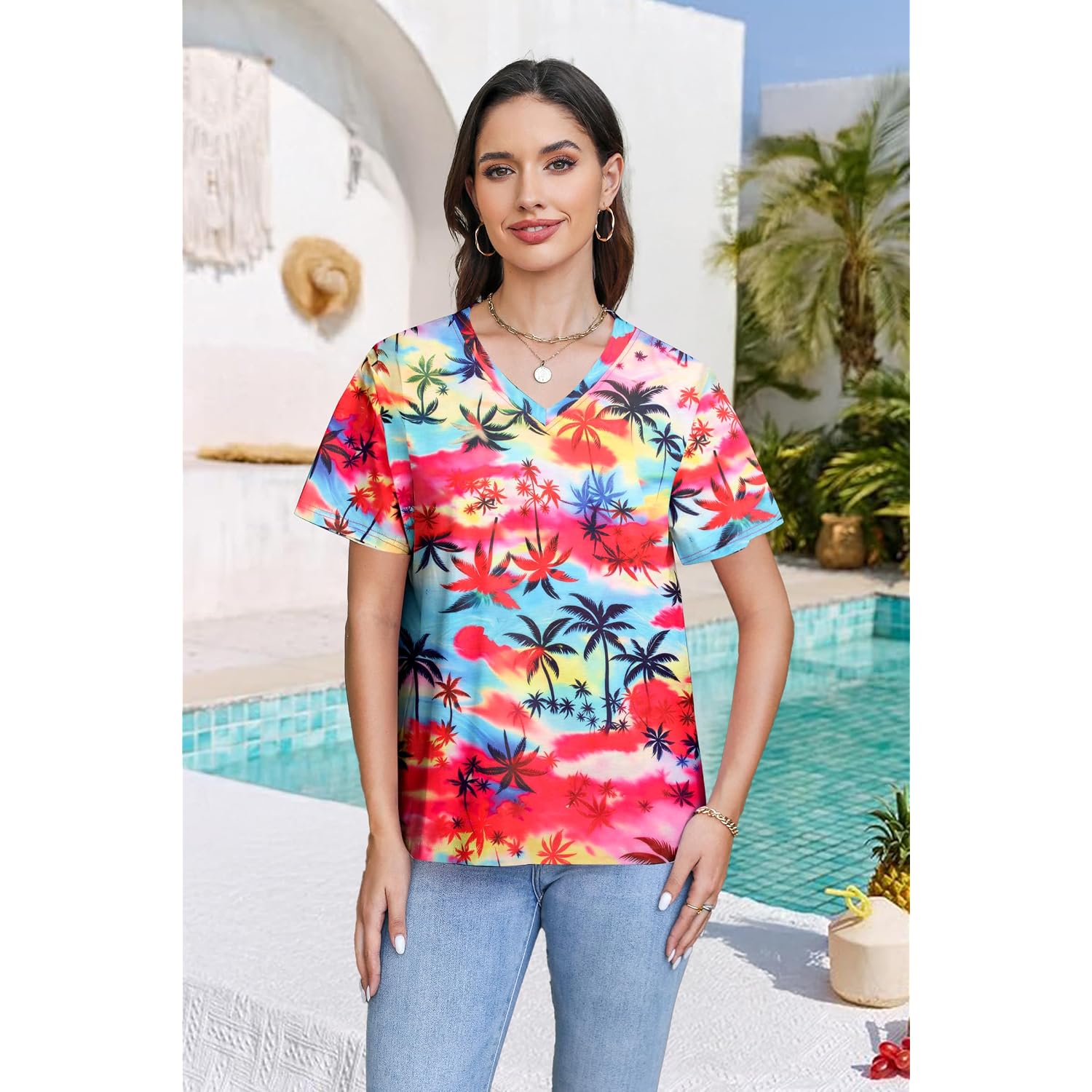 Women Hawaiian Shirt Soft Cool Summer Hawaii Tshirts Floral Tropic Print V Neck Short Sleeve Beach Tee Tops