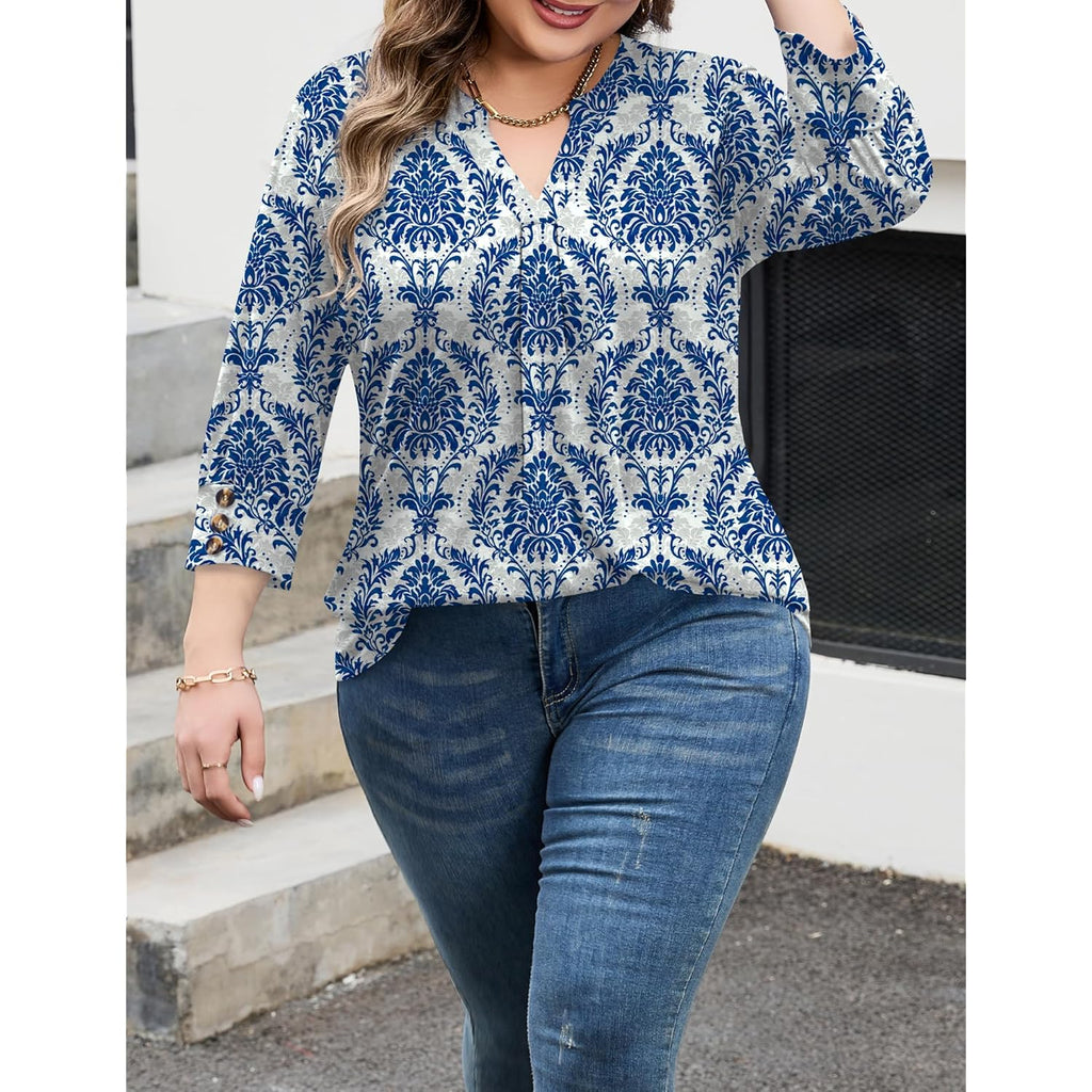 Women's Pleated V-Neck Tunic Top Blue/White Porcelain