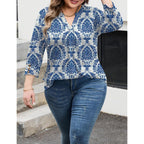 Women's Pleated V-Neck Tunic Top Blue/White Porcelain