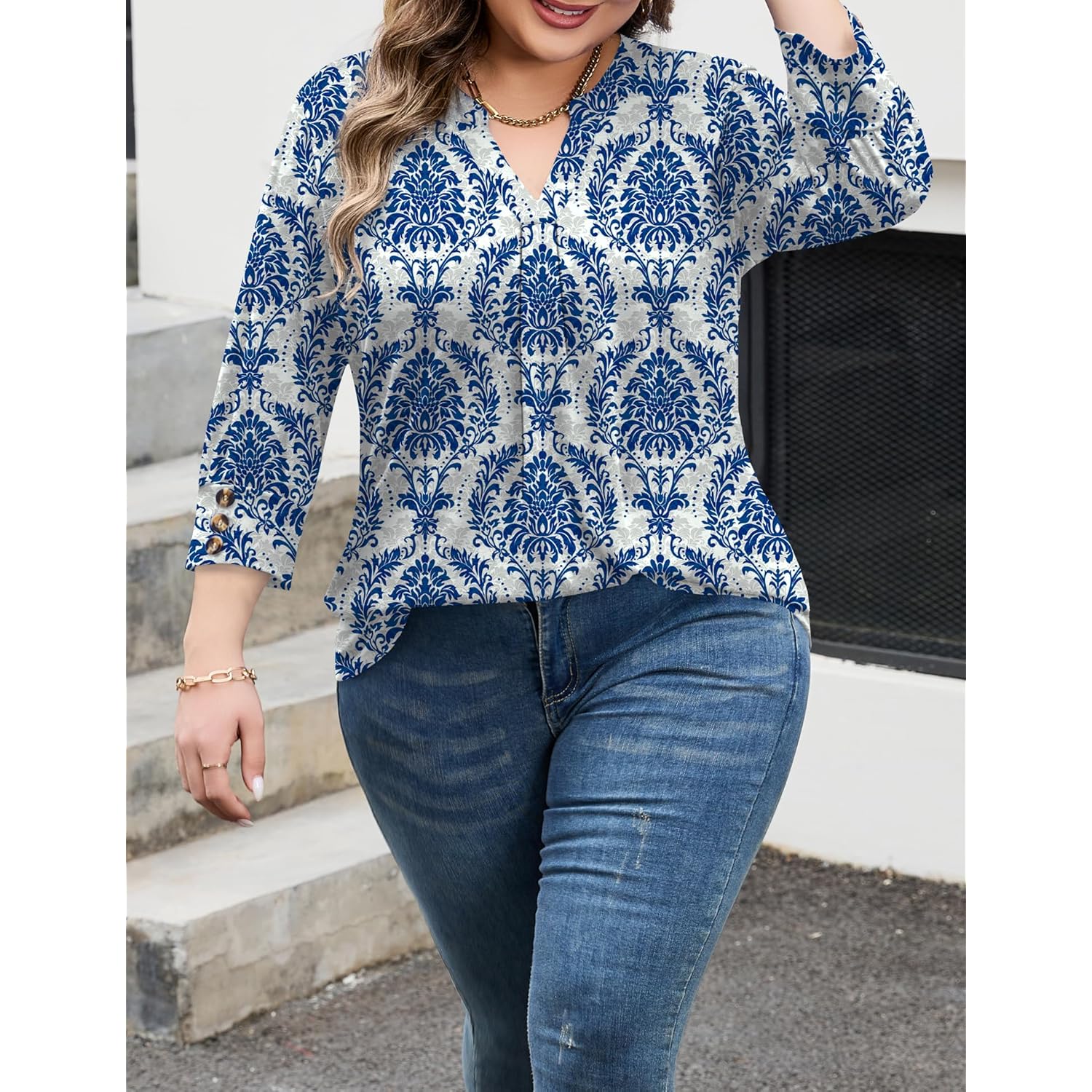 Women's Pleated V-Neck Tunic Top Blue/White Porcelain