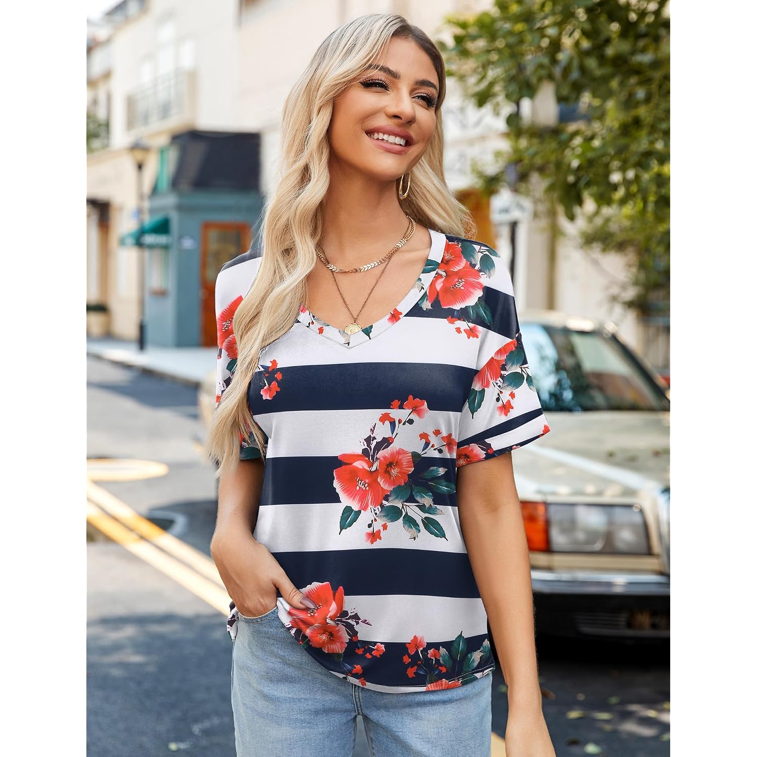 Zeagoo Womens Summer Tops Short Sleeve Casual Shirts Floral Tee Trendy 2026 Basics V Neck Plain Tshirt