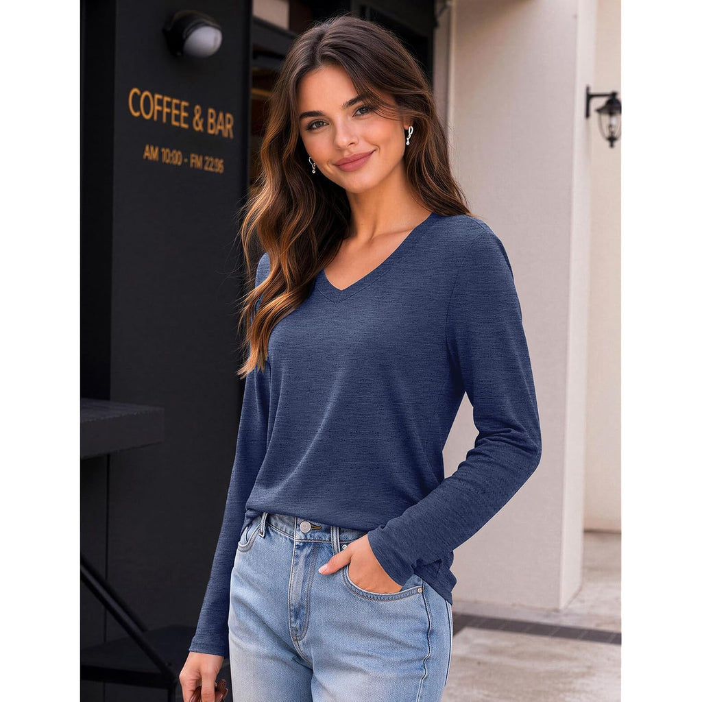 Zeagoo Womens Long Sleeve Shirts V Neck Basic Tee Tops Dressy Casual Business Work Blouses Fall Outfits S-3XL