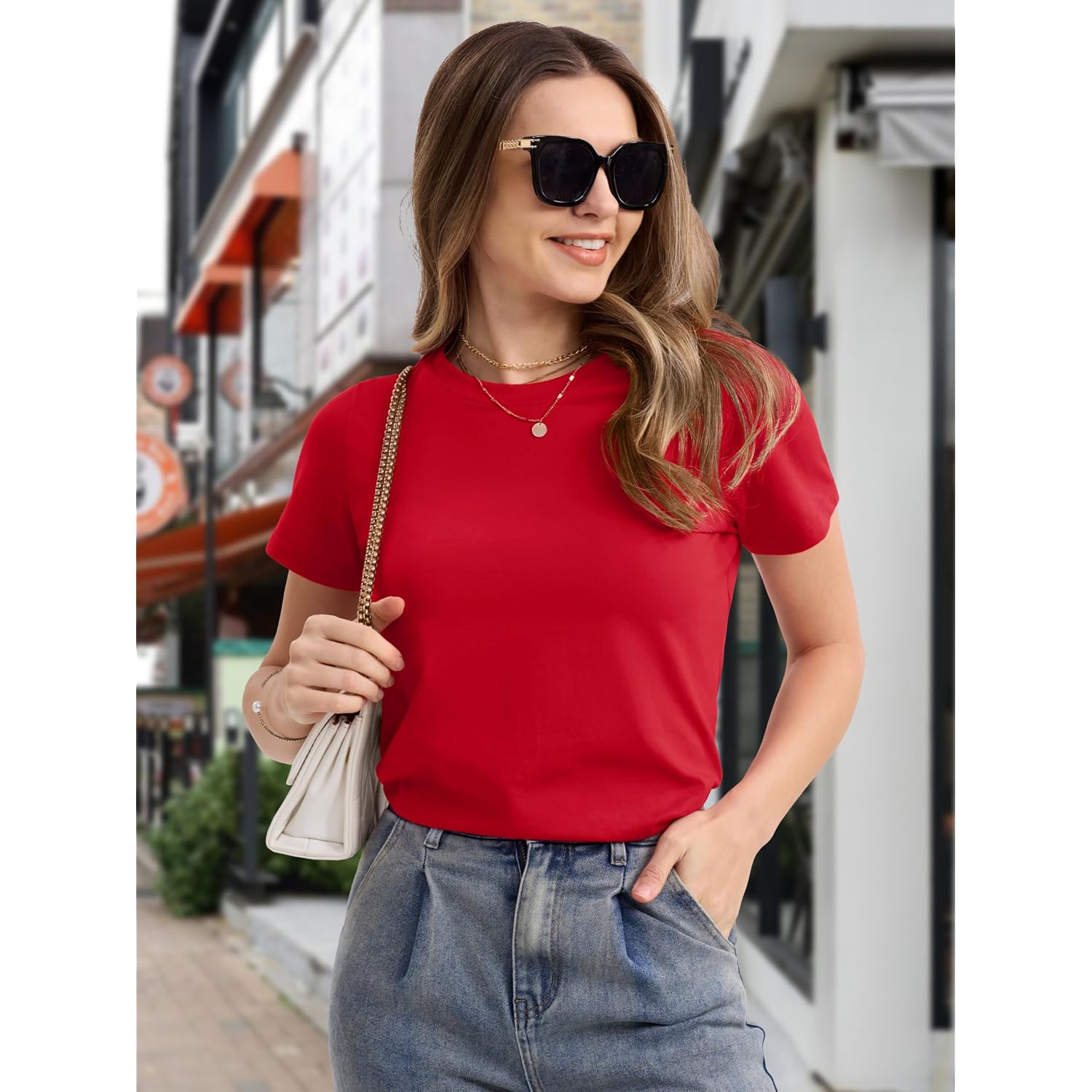 MAGCOMSEN Women's T Shirts Cotton Short Sleeve Shirts Crew-Neck Summer Tops Classic-Fit Tees Breathable Casual Clothes