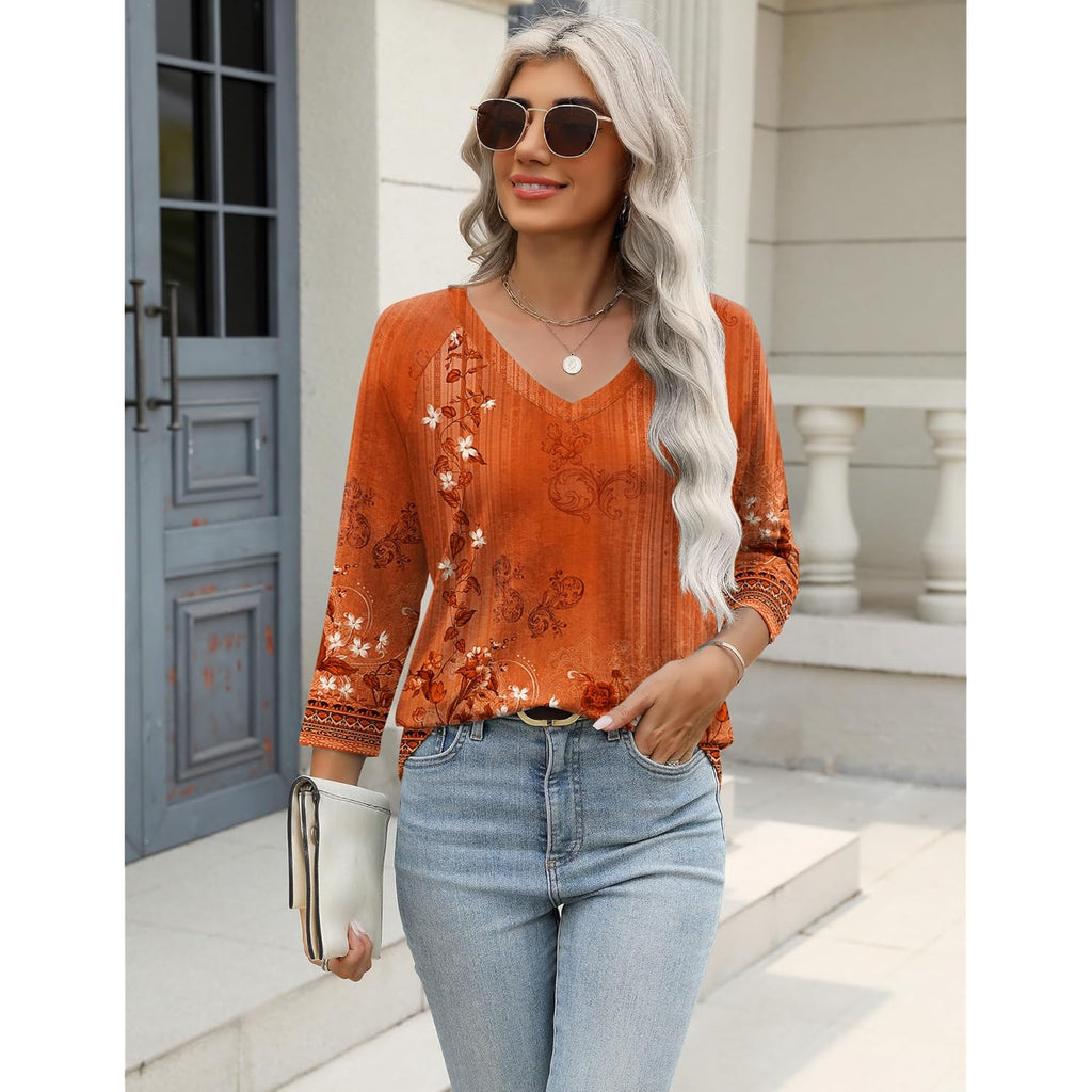 Women's Soft Basic V-Neck Tunic Top Caramel Print