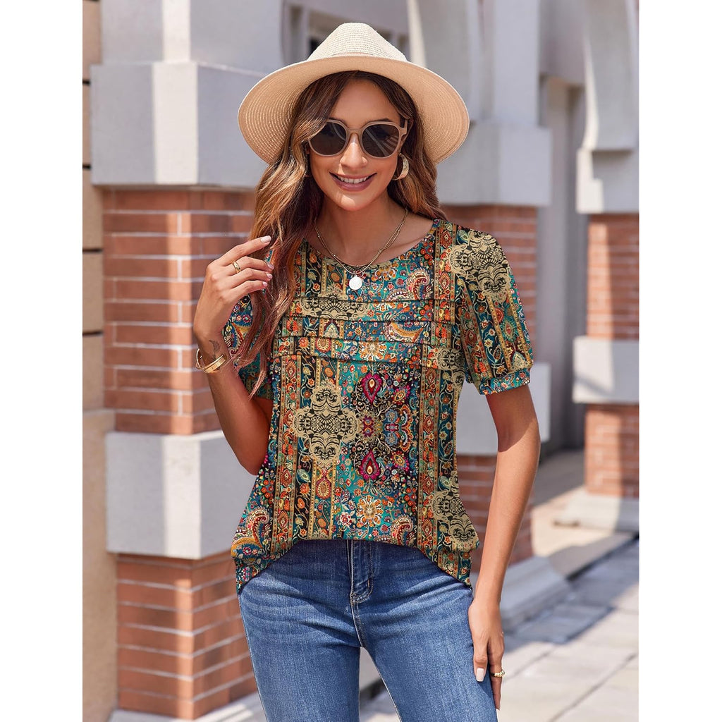 Women's Floral Puff Sleeve Tunic Top Boho Multicolor