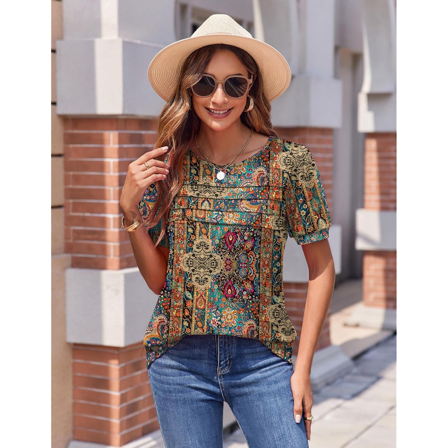 Women's Floral Puff Sleeve Tunic Top Boho Multicolor