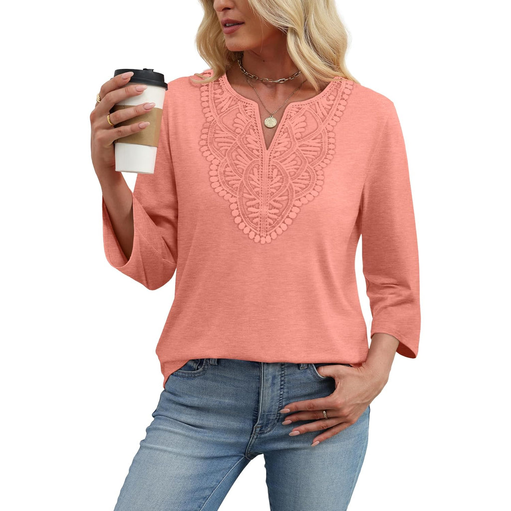 Women's Boho Lace V-Neck Tunic Top Coral
