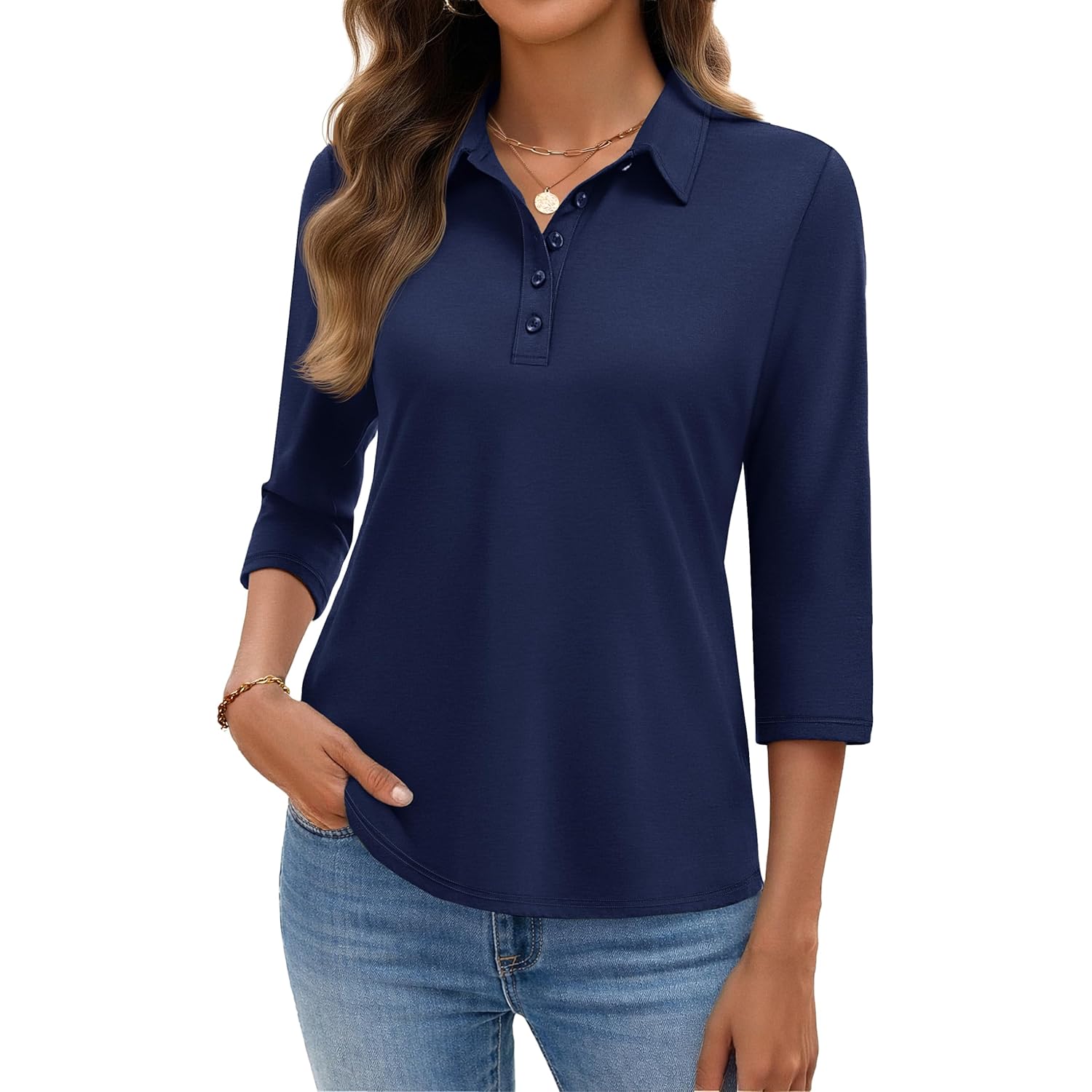 Women's 5-Button Cotton Polo Shirt Navy Blue