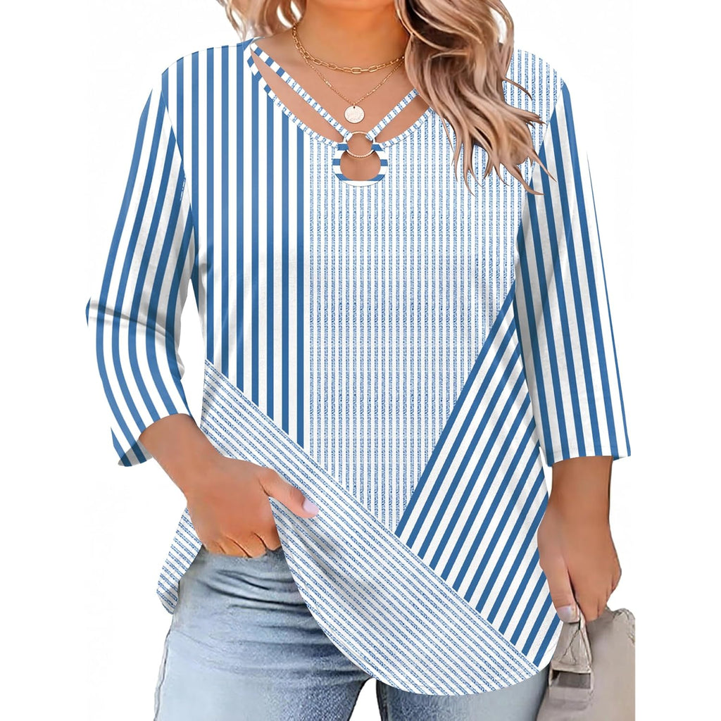 Women's Keyhole Neck Tunic Top White/Blue Stripe Print