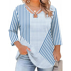 Women's Keyhole Neck Tunic Top White/Blue Stripe Print