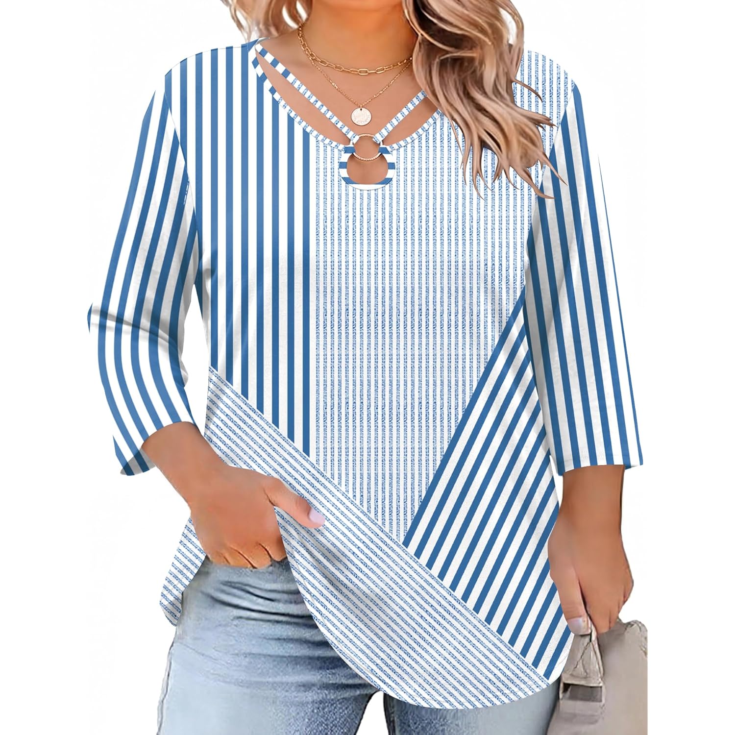 Women's Keyhole Neck Tunic Top White/Blue Stripe Print