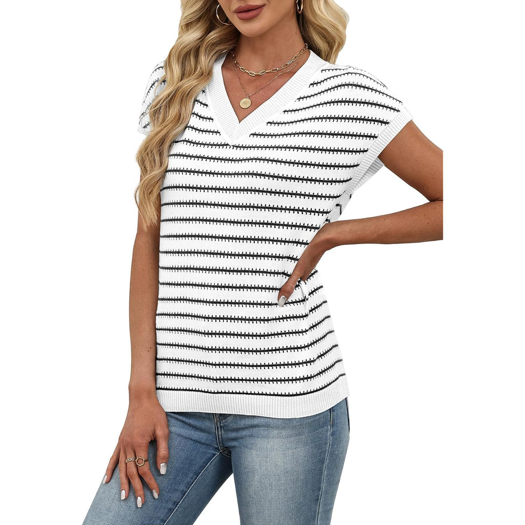 WIHOLL Womens Short Sleeve Sweater V Neck Cute Tops Trendy Spring Summer Striped Pullover Crochet Sweater Vest