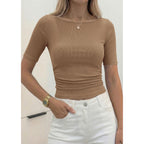 PRETTYGARDEN Womens Summer Short Sleeve Tops Boat Neck Ribbed Knit Slim Fit T Shirt Casual Basic Top 2026 Spring Clothes