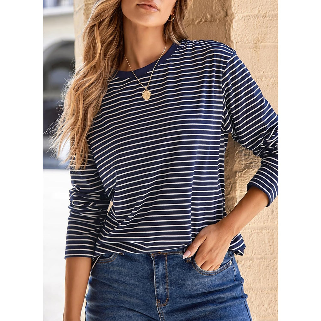 Dokotoo Women's 2026 Fall Summer Casual Long Sleeve Tops Lightweight Crew Neck Knit Basic Striped T Shirts