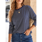 Dokotoo Women's 2026 Fall Summer Casual Long Sleeve Tops Lightweight Crew Neck Knit Basic Striped T Shirts