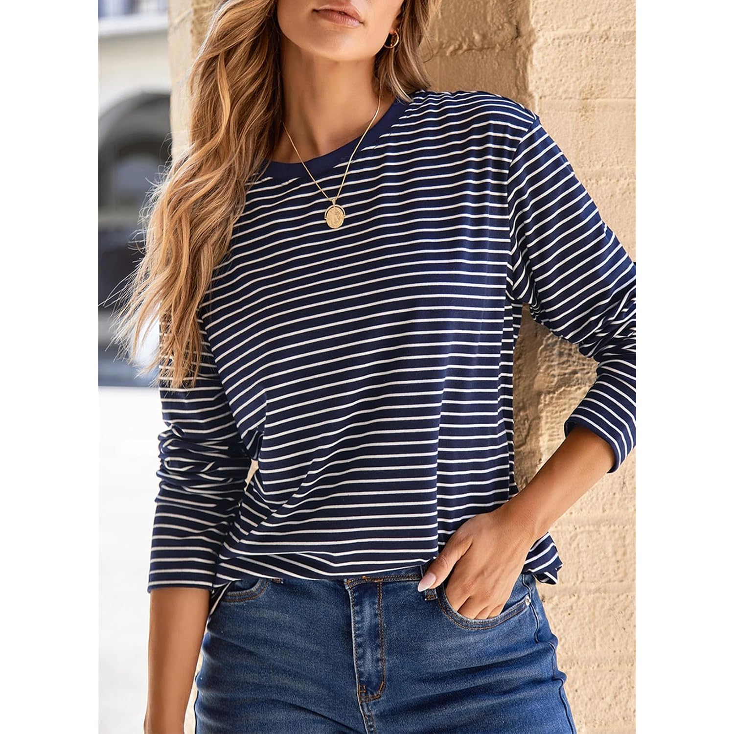 Dokotoo Women's 2026 Fall Summer Casual Long Sleeve Tops Lightweight Crew Neck Knit Basic Striped T Shirts