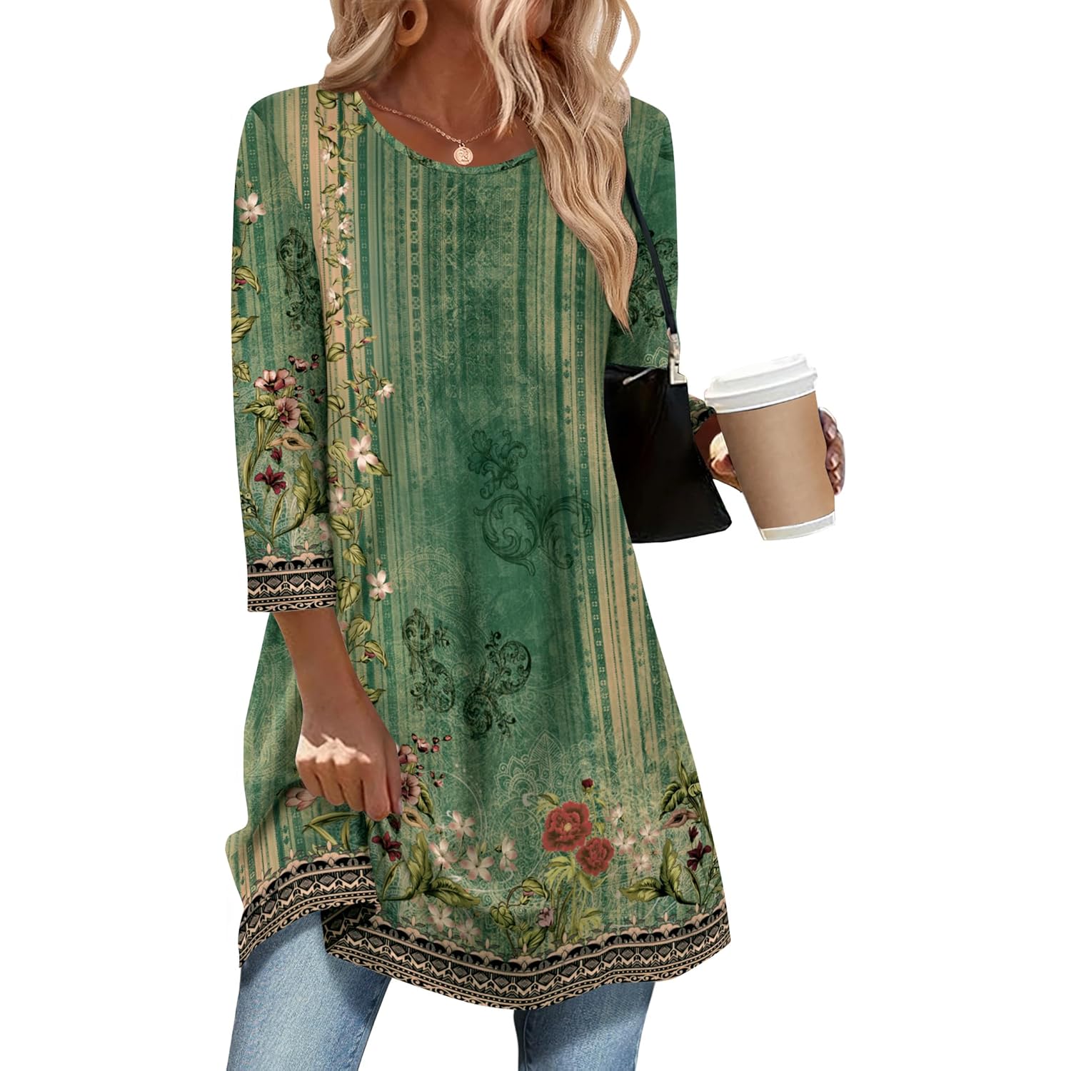 Women's Swing Flare Tunic Top Green Floral