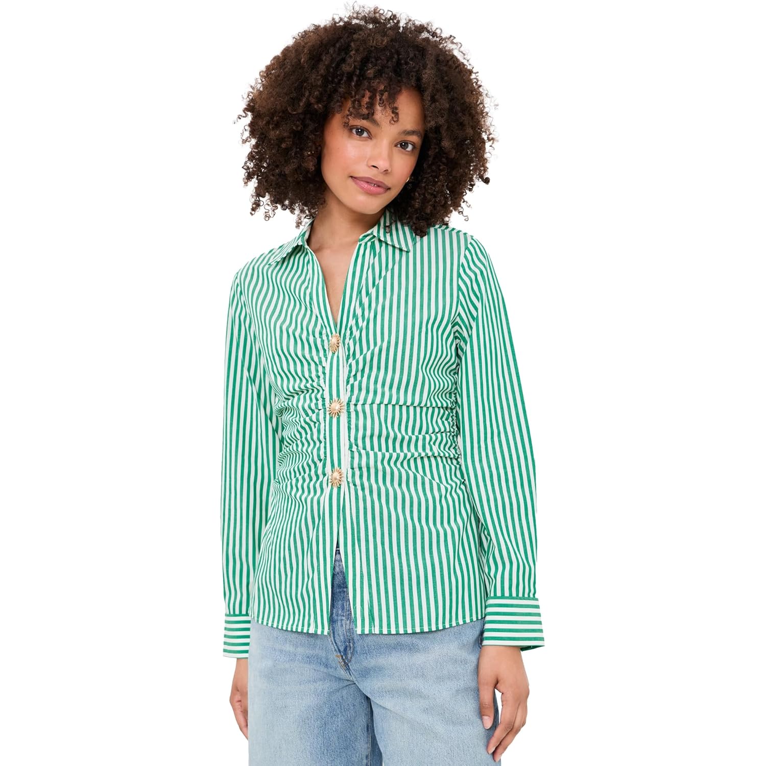 Women's Carayln Top  Button Down Shirt Emerald Stripe
