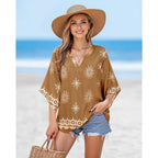Women's Bohemian Peasant Tunic Top Coffee Multicolor