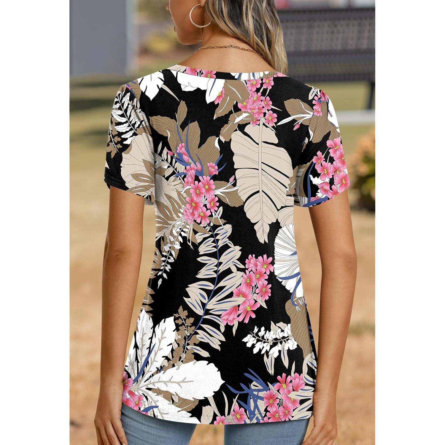 Women's Classic V-Neck Tunic Top Leaf Pink