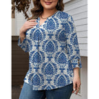 Women's Pleated V-Neck Tunic Top Blue/White Porcelain