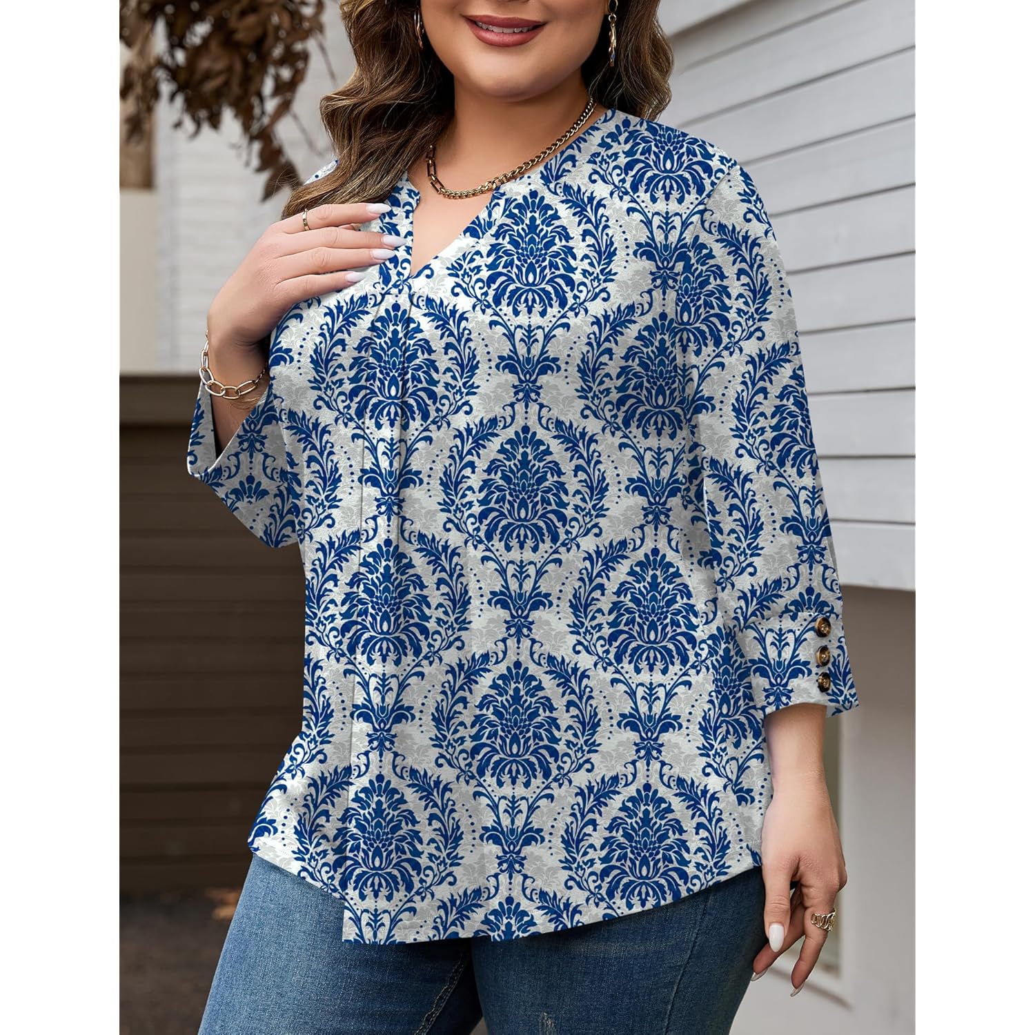 Women's Pleated V-Neck Tunic Top Blue/White Porcelain