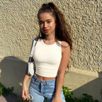 Women's Crew Neck Crop Tank Top Black/Beige