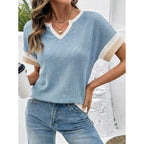 Dokotoo Womens Summer Tops 2026 Colorblock V Neck Short Sleeve T Shirts Dressy Casual Clothes Vacation Outfits