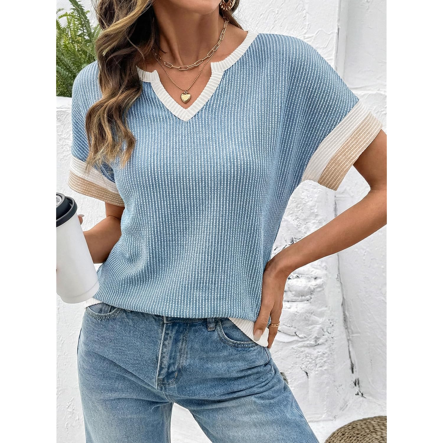 Dokotoo Womens Summer Tops 2026 Colorblock V Neck Short Sleeve T Shirts Dressy Casual Clothes Vacation Outfits