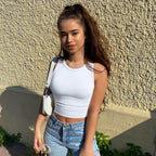 Women's Crew Neck Crop Tank Top Hide Pink/White