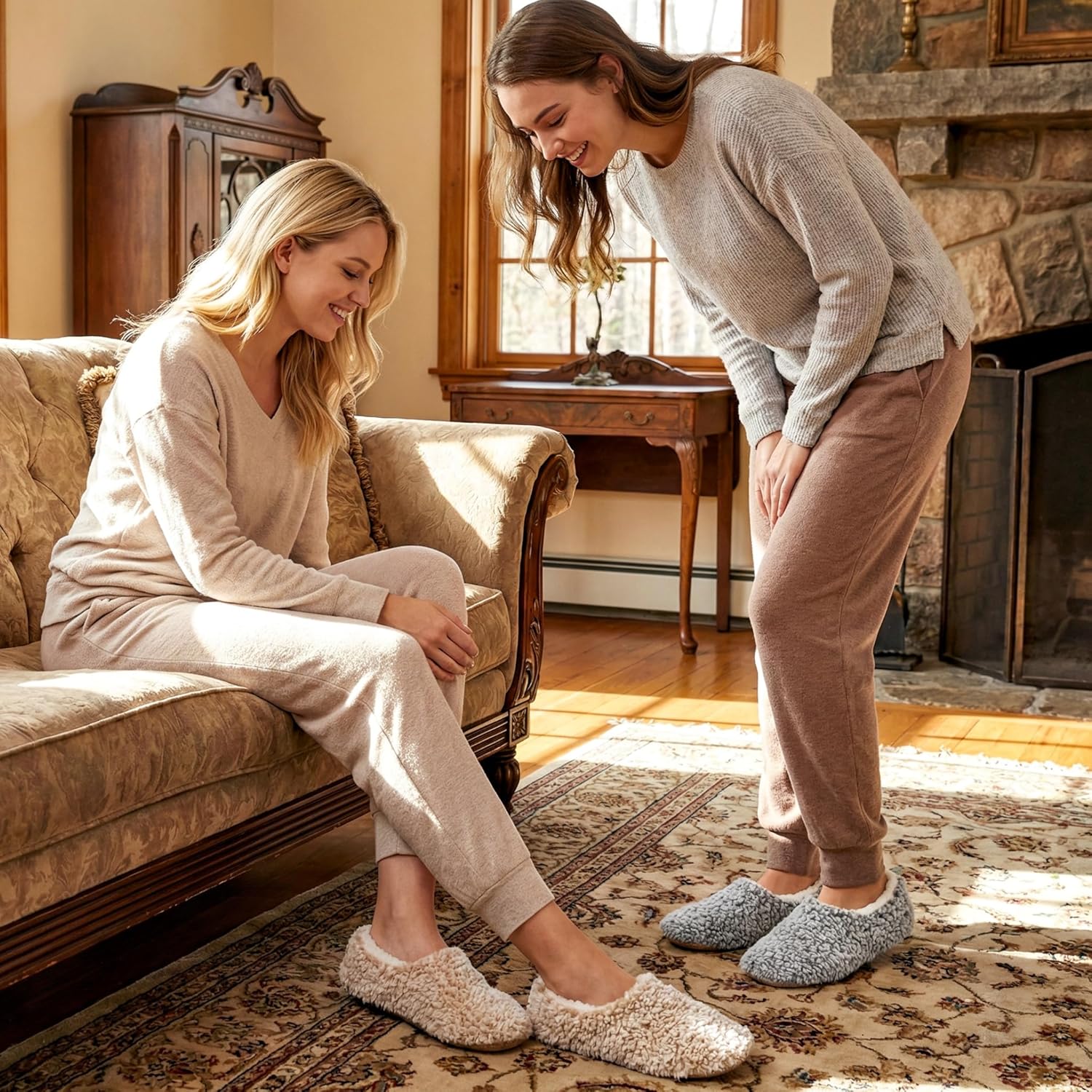 Women's Slippers Sherpa 2 Pk Fuzzy (Taupe & Grey)