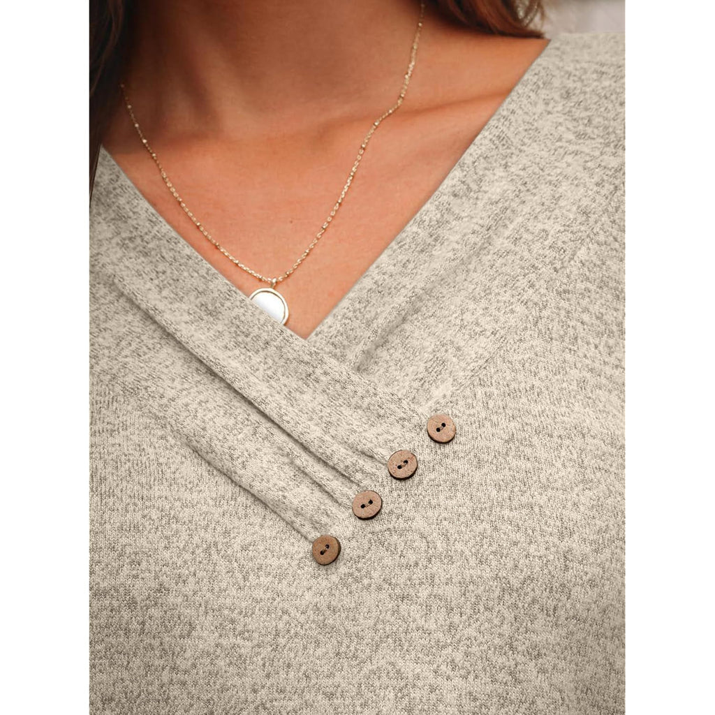 Women's Buttoned V-Neck Tunic Top Khaki