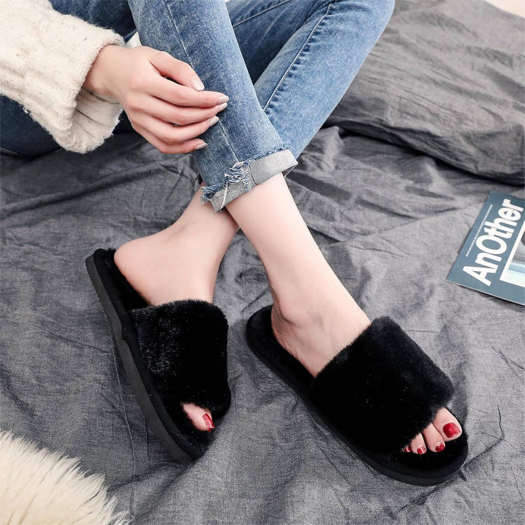 Women's Slippers Fuzzy Black