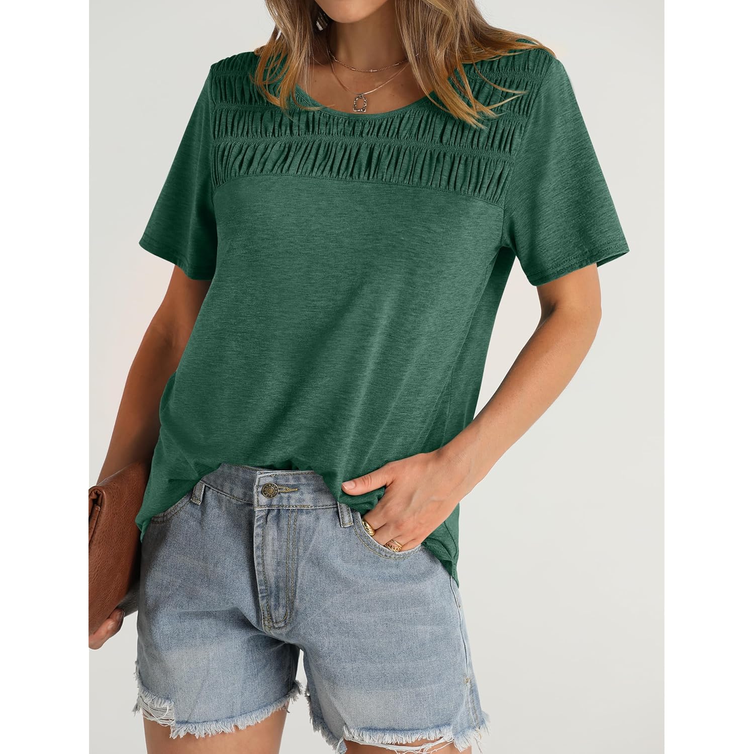Women's Smocked Crewneck Tunic Top Green