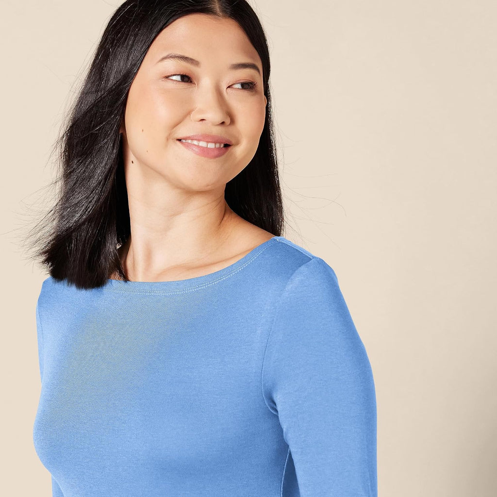 Amazon Essentials Women's Slim-Fit 3/4 Sleeve Boat Neck Cotton Modal Micro Rib T-Shirt