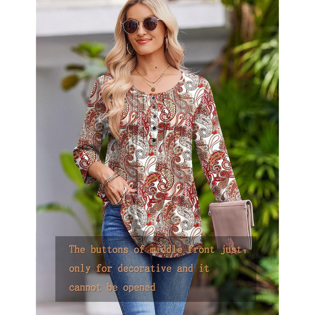Zeagoo 3/4 Length Sleeve Womens Tops Round Neck Casual Summer Tunic Tops Basic Tees Blouses Dressy T-Shirts Pleated Shirts