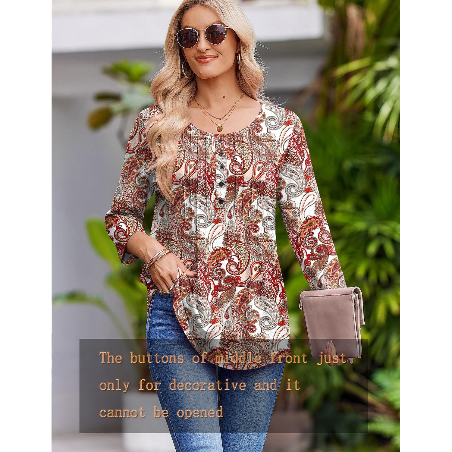 Zeagoo 3/4 Length Sleeve Womens Tops Round Neck Casual Summer Tunic Tops Basic Tees Blouses Dressy T-Shirts Pleated Shirts
