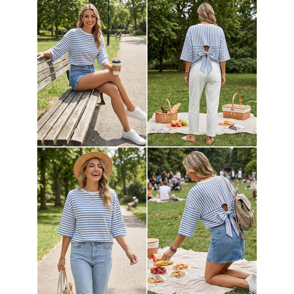 Dokotoo Womens Tops 2026 Striped Tie Back Short Sleeve T Shirts Crewneck Casual Loose Basic Tee Summer Outfits